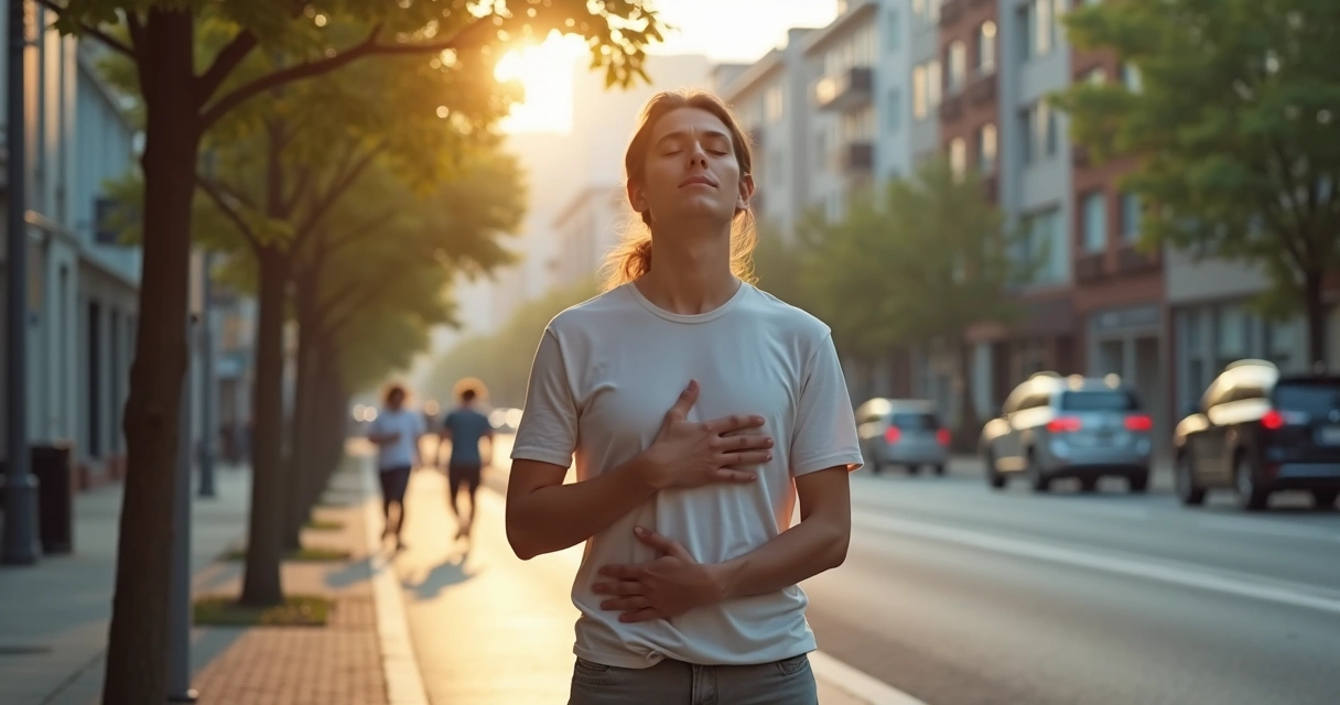 Persona respirando con calma en una acera urbana tranquila 