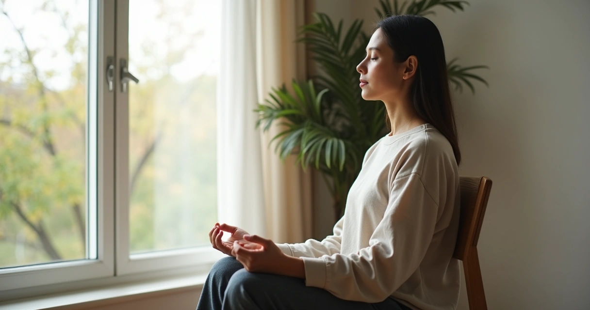 Persona sentada junto a una ventana haciendo una pausa consciente 