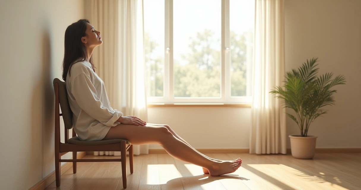 Persona sentada junto a una ventana haciendo una pausa de respiración