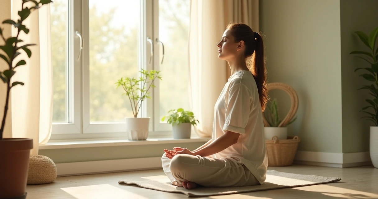 Persona respirando frente a una ventana en pausa consciente