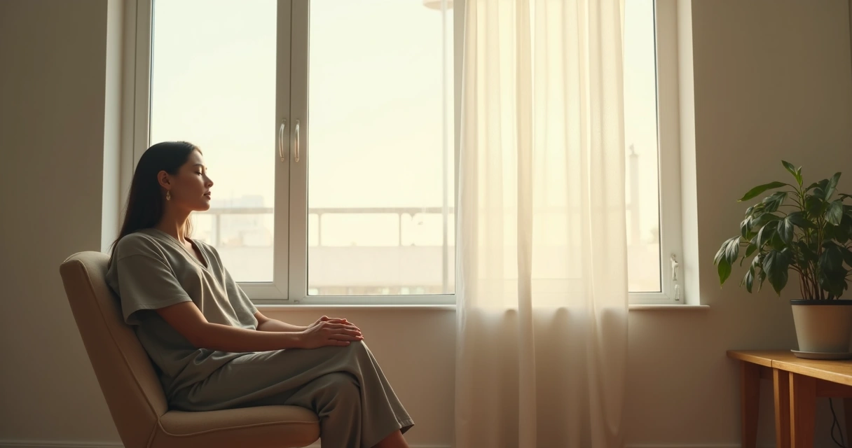 Persona sentada junto a una ventana haciendo una pausa de respiración 