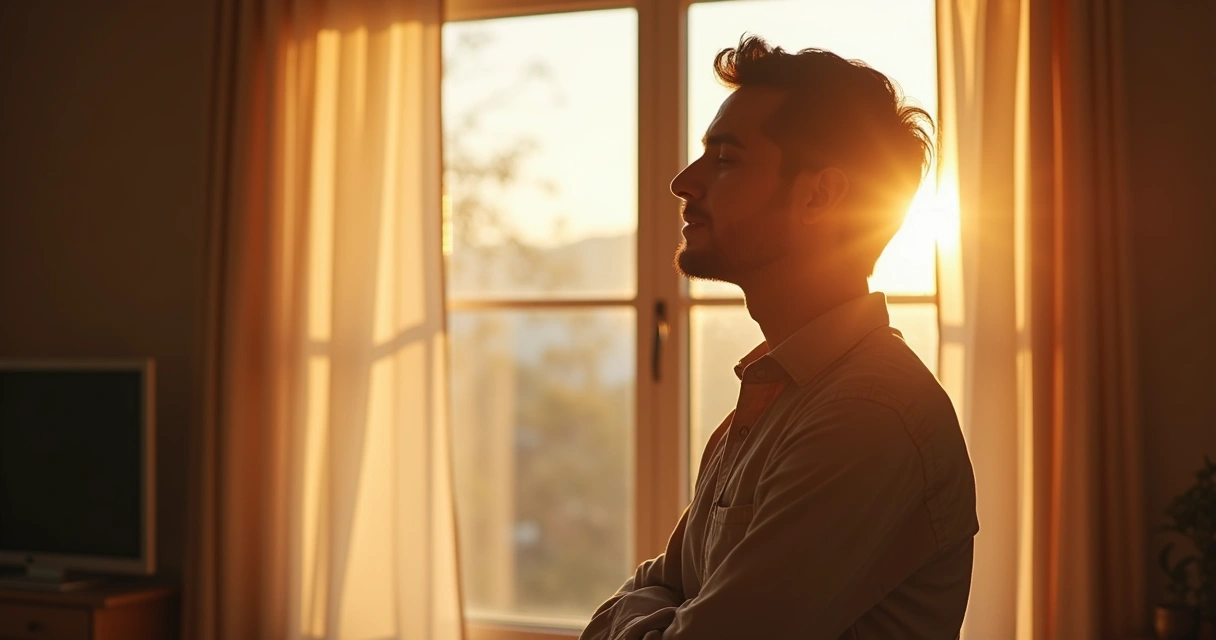 Pessoa em pé perto de uma janela com expressão de calma, respirando tranquilamente 