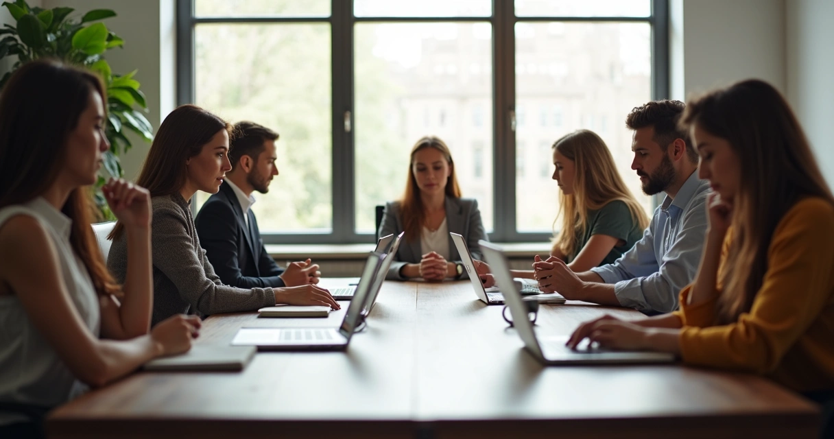 Equipe em reunião fazendo pausa consciente antes da pauta 