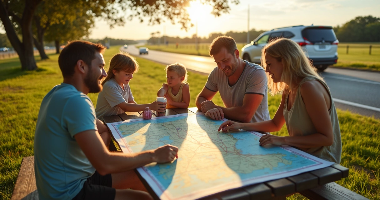Família fazendo pausa em área de descanso na rota Florida com lanches e mapa na mesa