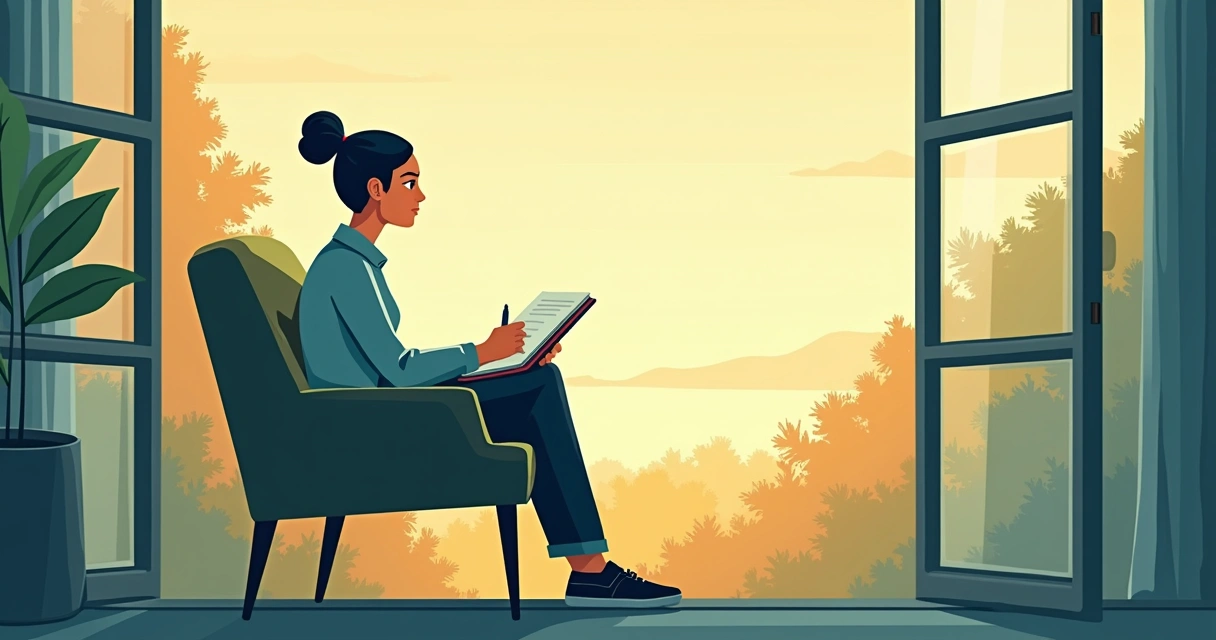 Profissional sentado em cadeira na varanda, olhando o horizonte com caderno nas mãos.
