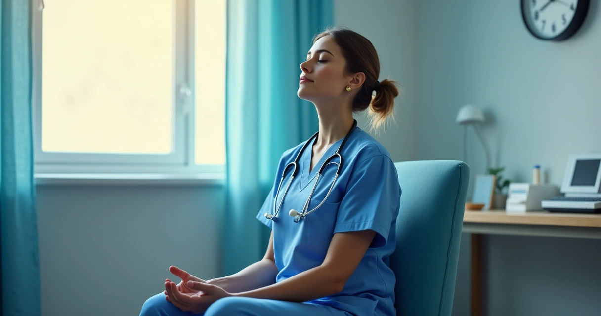 Profissional da saúde sentado em sala de descanso, olhos fechados, fazendo pausa de respiração consciente, uniforme azul, luz suave ao fundo 