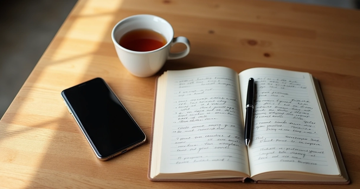 Mesa com celular desligado, chá e caderno em ambiente calmo