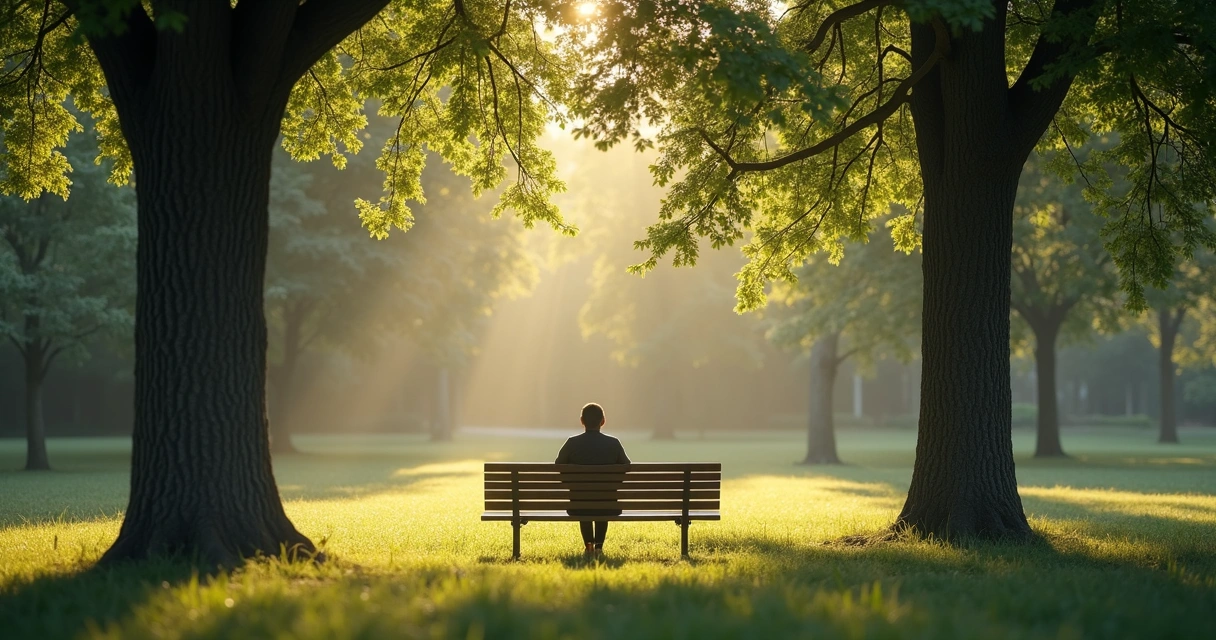 Pessoa sentada calmamente em um banco de praça com árvores ao fundo 