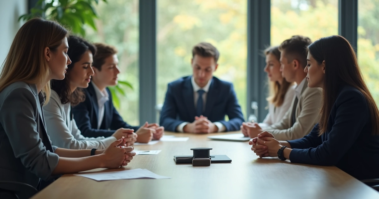 Grupo de pessoas em reunião fazendo uma pausa em silêncio 