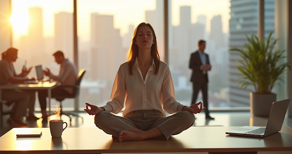 Mulher em pausa silenciosa no escritório com vista para a cidade ao fundo 