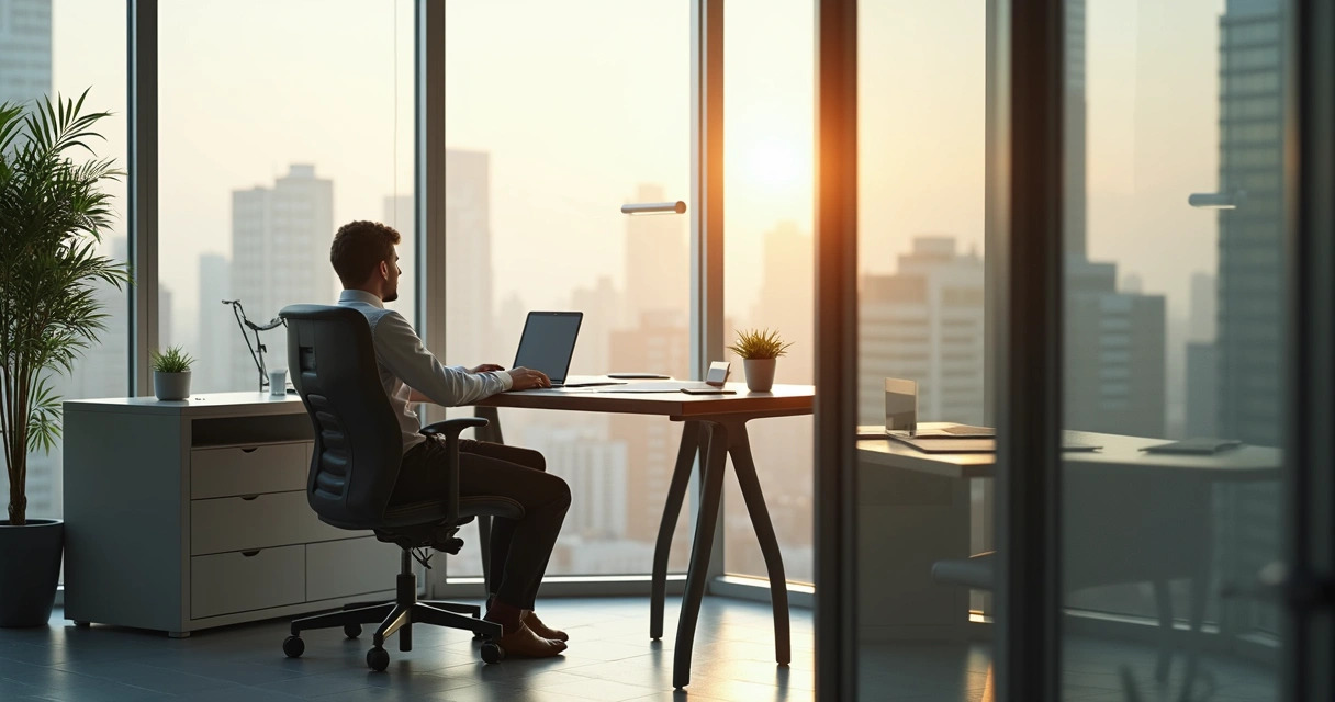 Pessoa sentada em cadeira de escritório, olhando pela janela durante pausa no trabalho