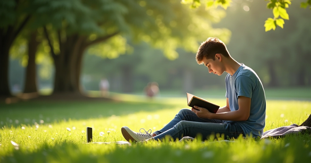 Pessoa sentada em parque lendo um livro, com celular desligado ao lado 