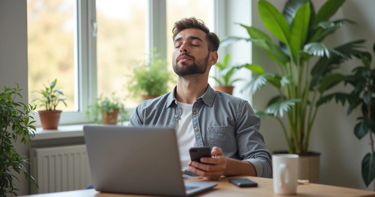 Pessoa descansando com olhos fechados longe do celular 