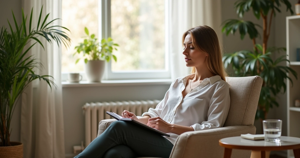 Terapeuta sentado em consultório fazendo pausa breve entre atendimentos 