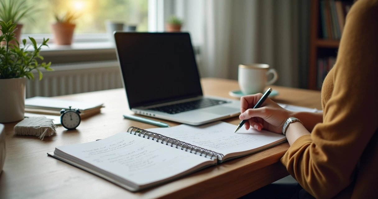 Profissional autônomo fazendo pausa com caderno e café 