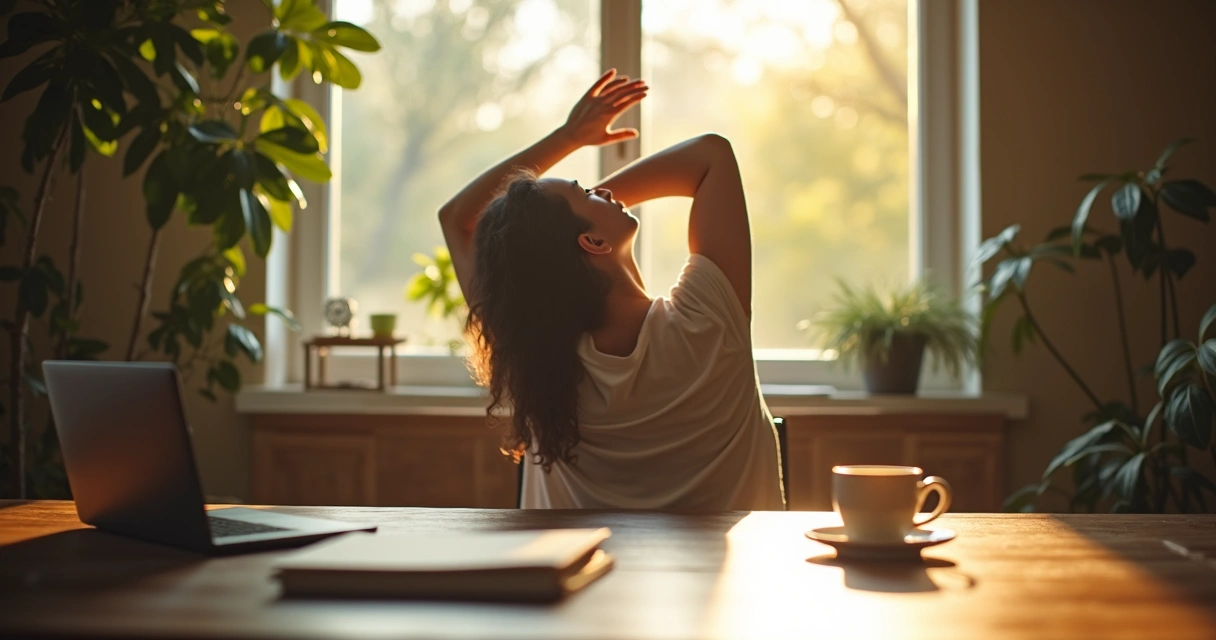 Pessoa fazendo alongamento junto à janela, com luz do sol entre as árvores ao fundo 