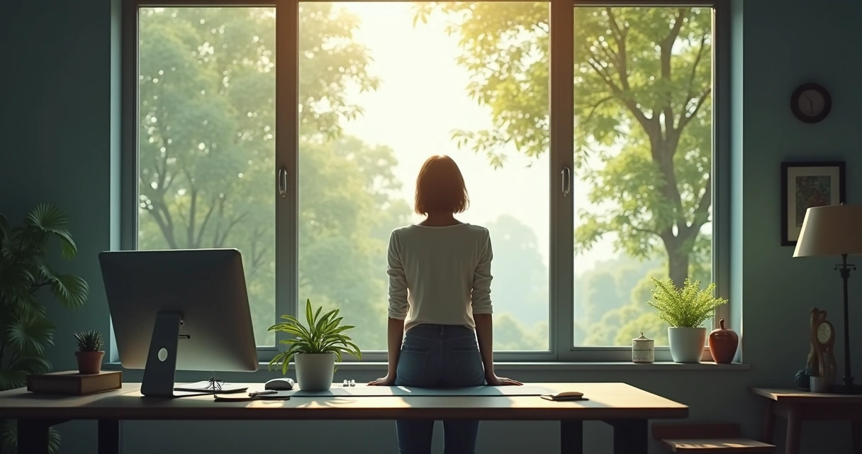 Pessoa fazendo pausa em trabalho olhando para paisagem natural pela janela
