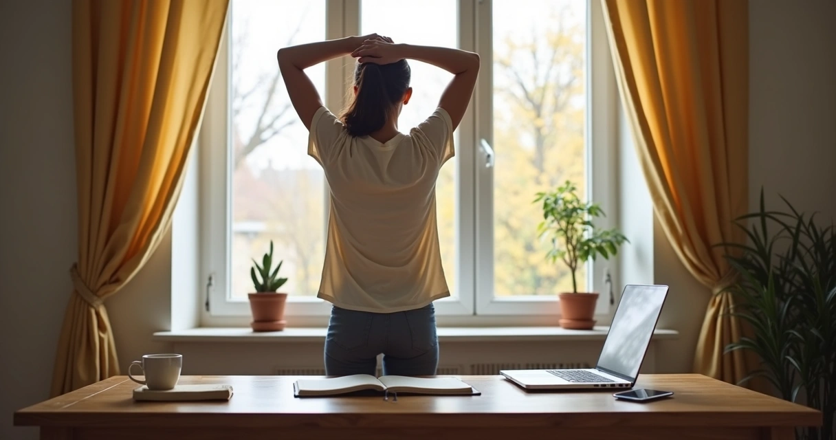 Pessoa fazendo pausa para alongamento em casa durante o home office.