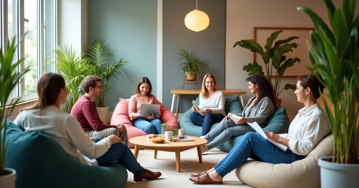 Funcionários fazendo pausa para relaxamento em área comum do escritório 