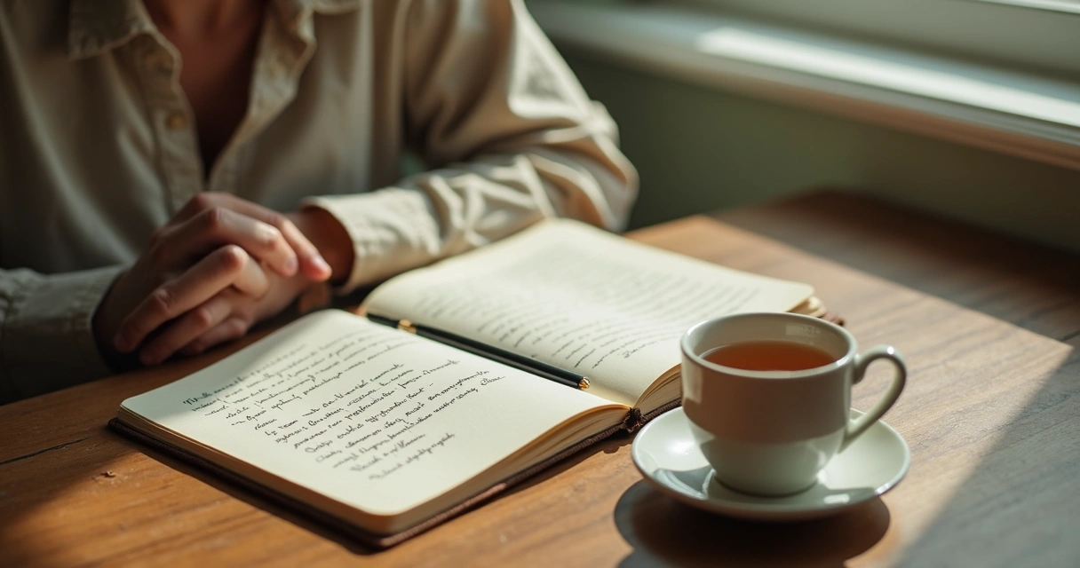 Cuaderno abierto y taza sobre mesa junto a una persona en pausa 