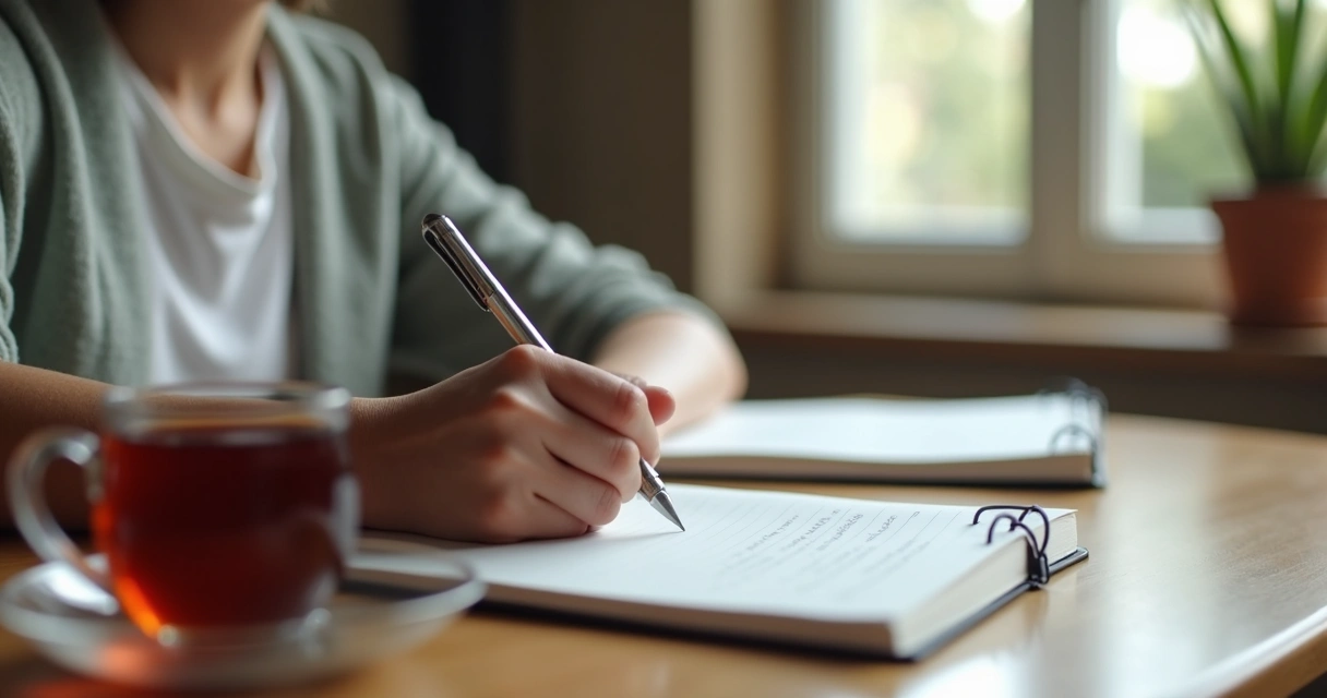 Persona escribiendo en un cuaderno durante una pausa reflexiva