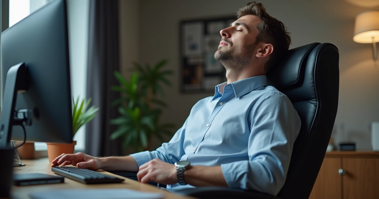 Homem sentado na cadeira do escritório de olhos fechados, respirando fundo com as mãos no colo 