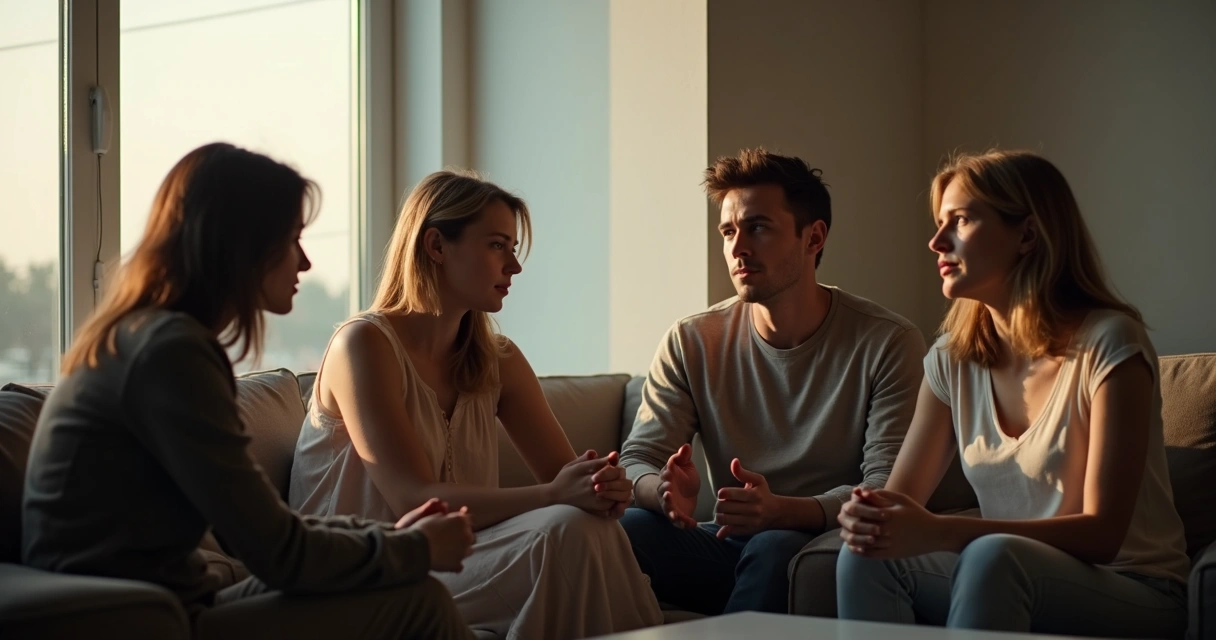 Personas conversando con atención en una sala, deteniéndose brevemente en silencio 