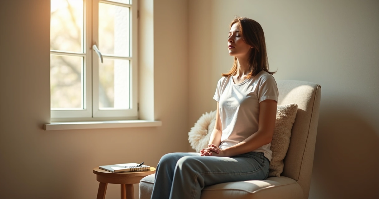 Person sitting quietly in a cozy room, pausing to reflect, with soft daylight. 