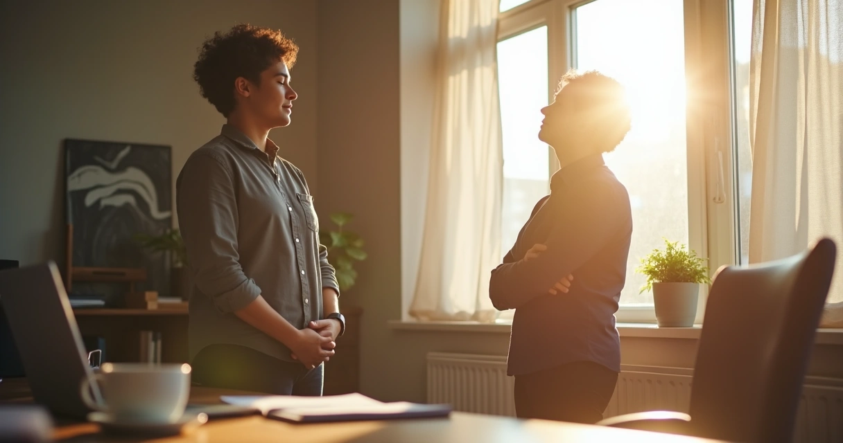 Person in office pausing at window, eyes gently closed, sunlight on face, calm atmosphere 