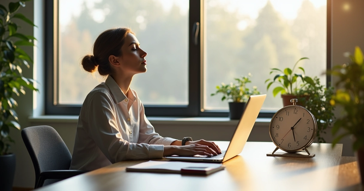 Office worker eyes closed taking a deep breath at desk 