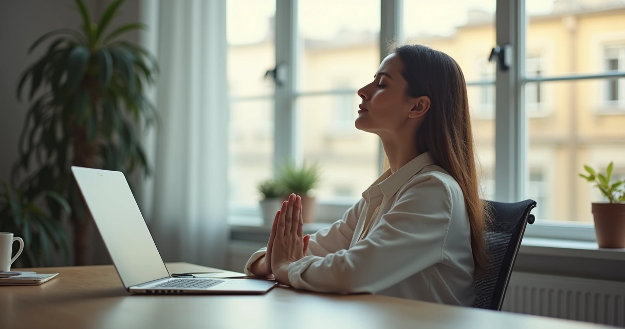 Person pausing with eyes closed taking a mindful breath