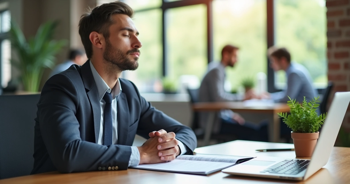 Man pausing at a desk, eyes closed, client folder open 