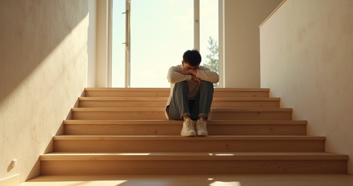 Person pausing on a staircase symbolizing reflection 