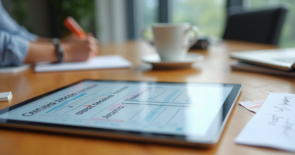 Mesa digital com pauta de reunião exibida em tablet e papéis 