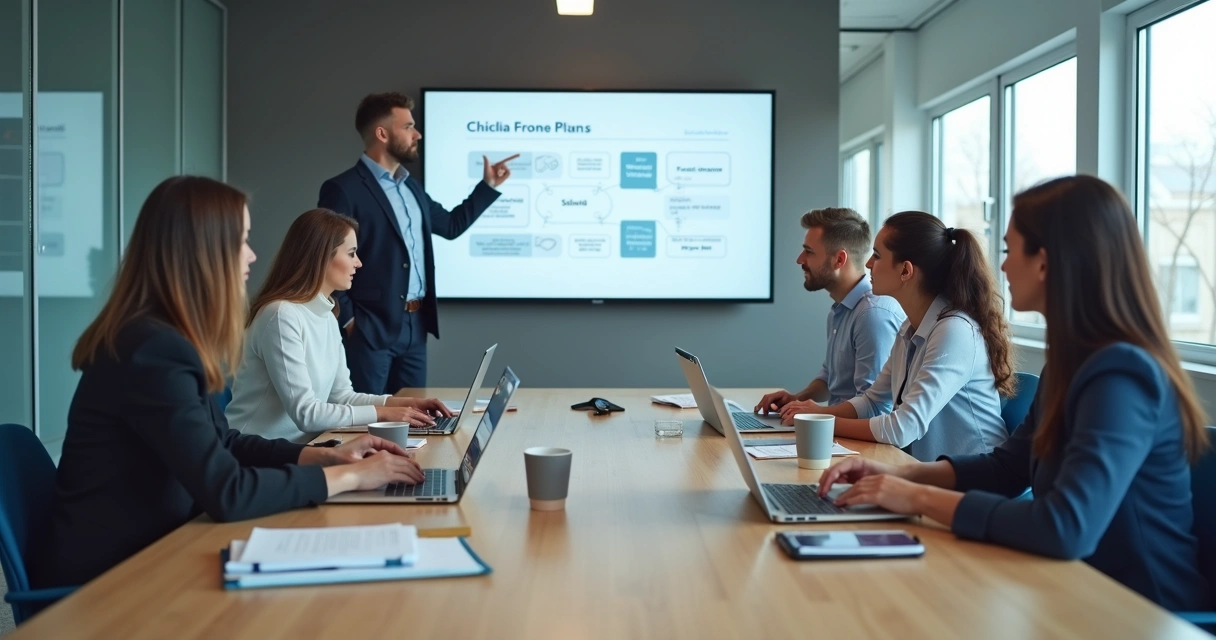 Equipe analisando pauta de reunião em mesa de trabalho 