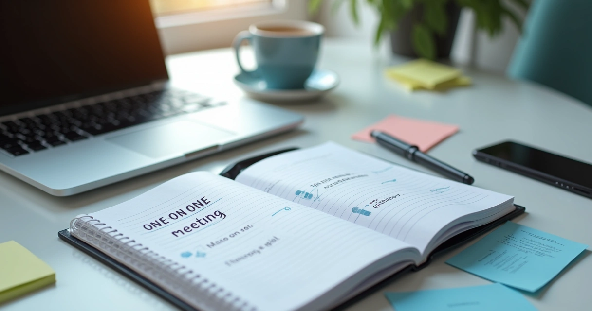 Caderno com pauta de reunião ao lado de notebook e café 