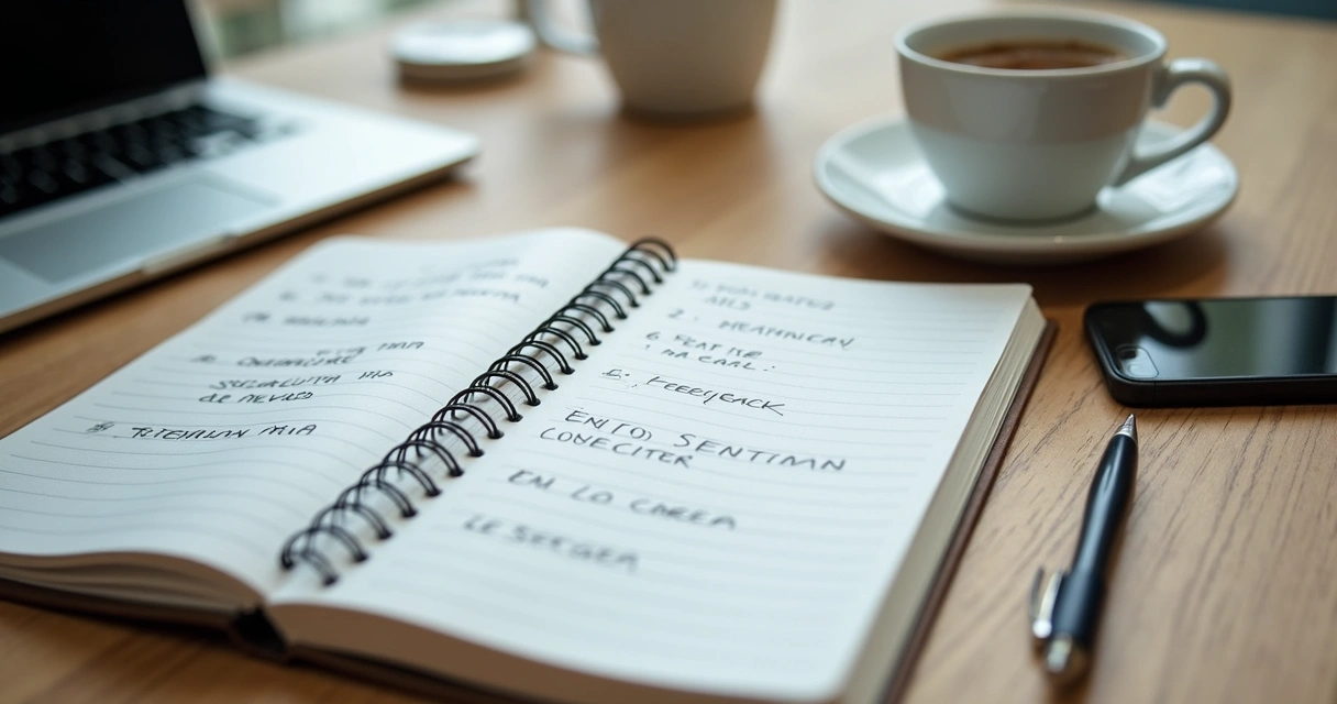 Caderno com pauta de reunião individual ao lado de notebook e café 