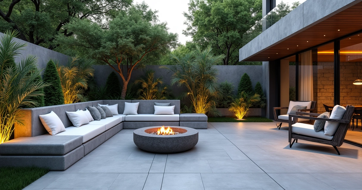 Modern patio with built-in concrete paver bench and plants 