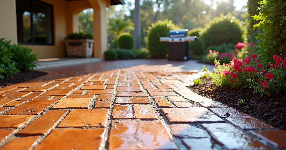 Freshly cleaned and resealed paver patio glowing in the Florida sun 