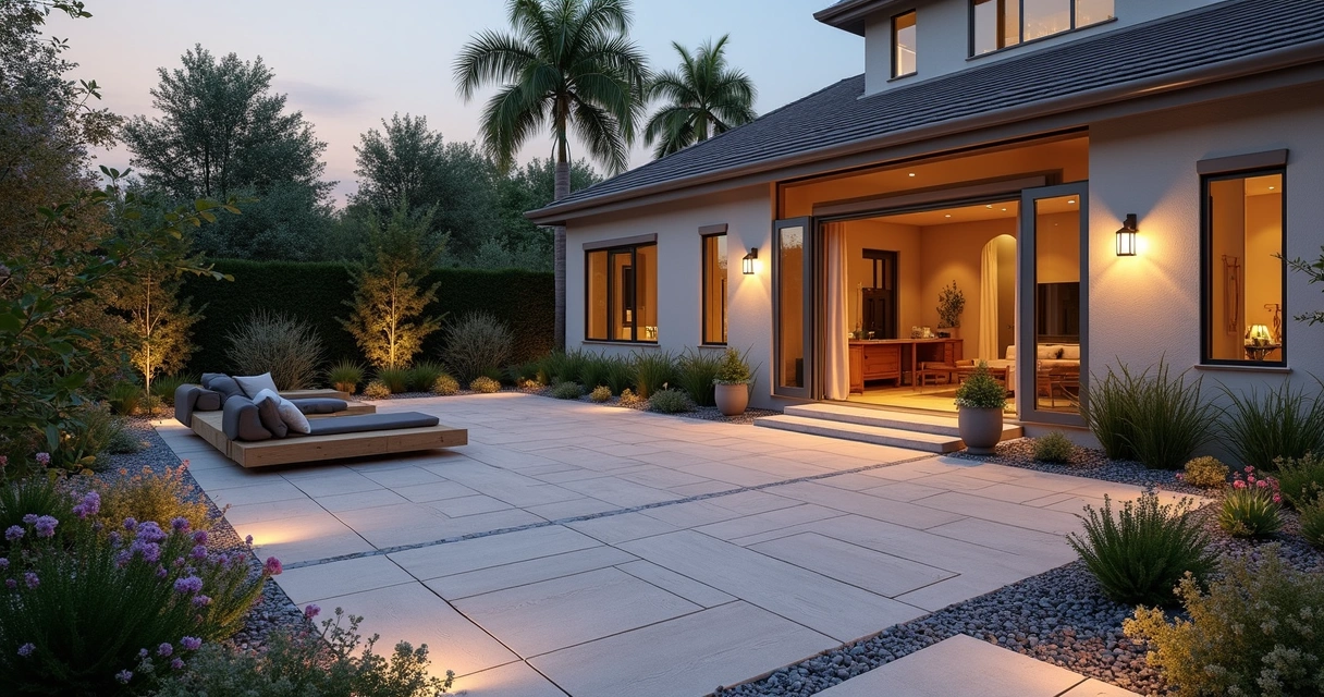 Blended pastel and gray concrete pavers for modern patio in Orlando