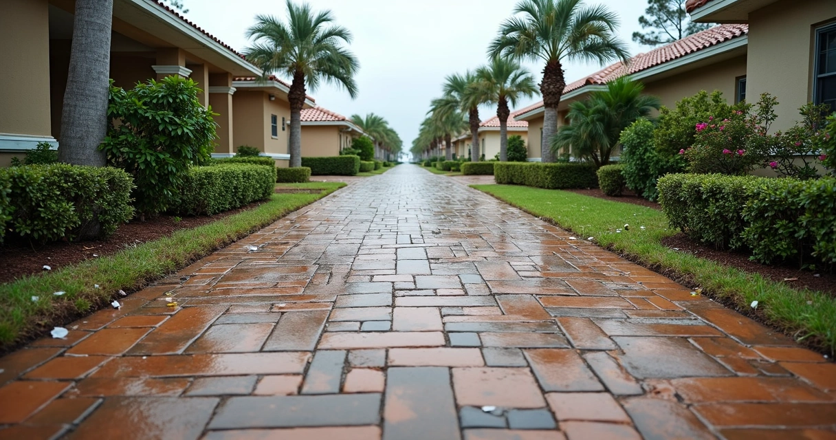 Damaged paver driveway with pooling water after a hurricane in Orlando 