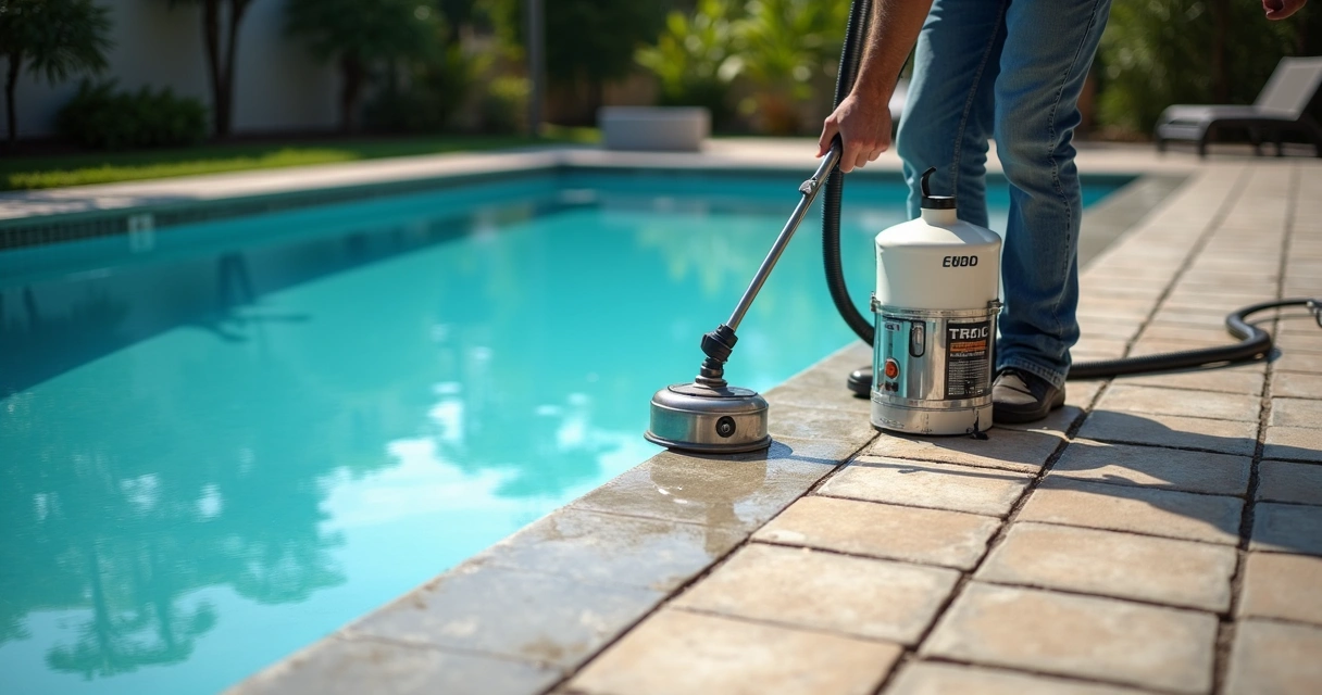 Technician sealing paver pool deck with sprayer 