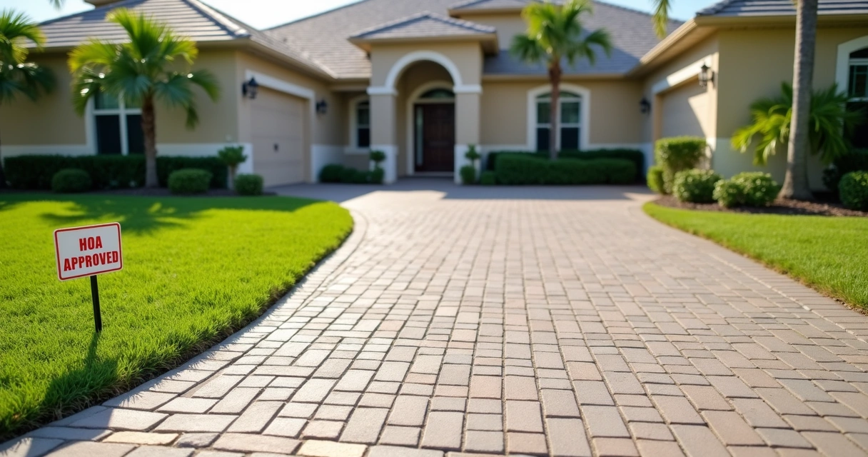 Freshly installed paver driveway with HOA approval sign