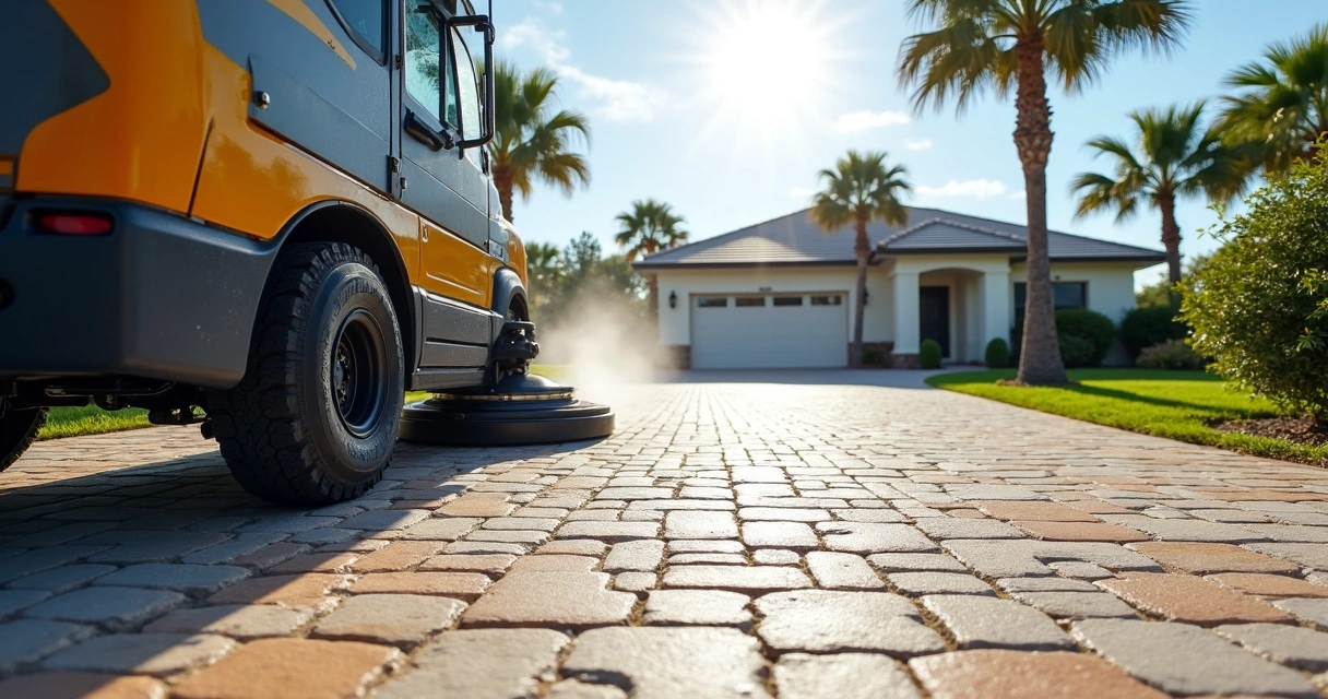 Professional cleaning equipment on a brick paver driveway in Orlando 