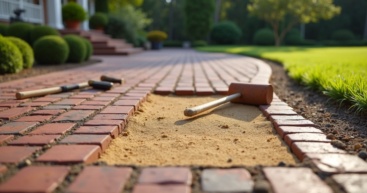 Repair process on brick paver driveway, lifted section