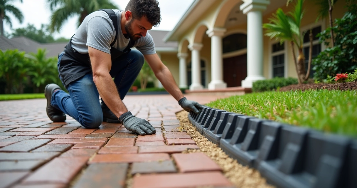 Contractor installing paver edging by a driveway 