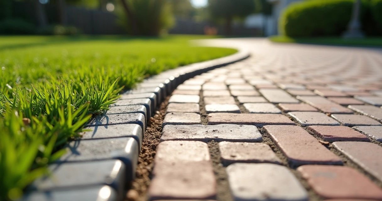 Close-up of various paver edging types installed along a walkway with compacted base and pavers aligned in Central Florida outdoor setting 