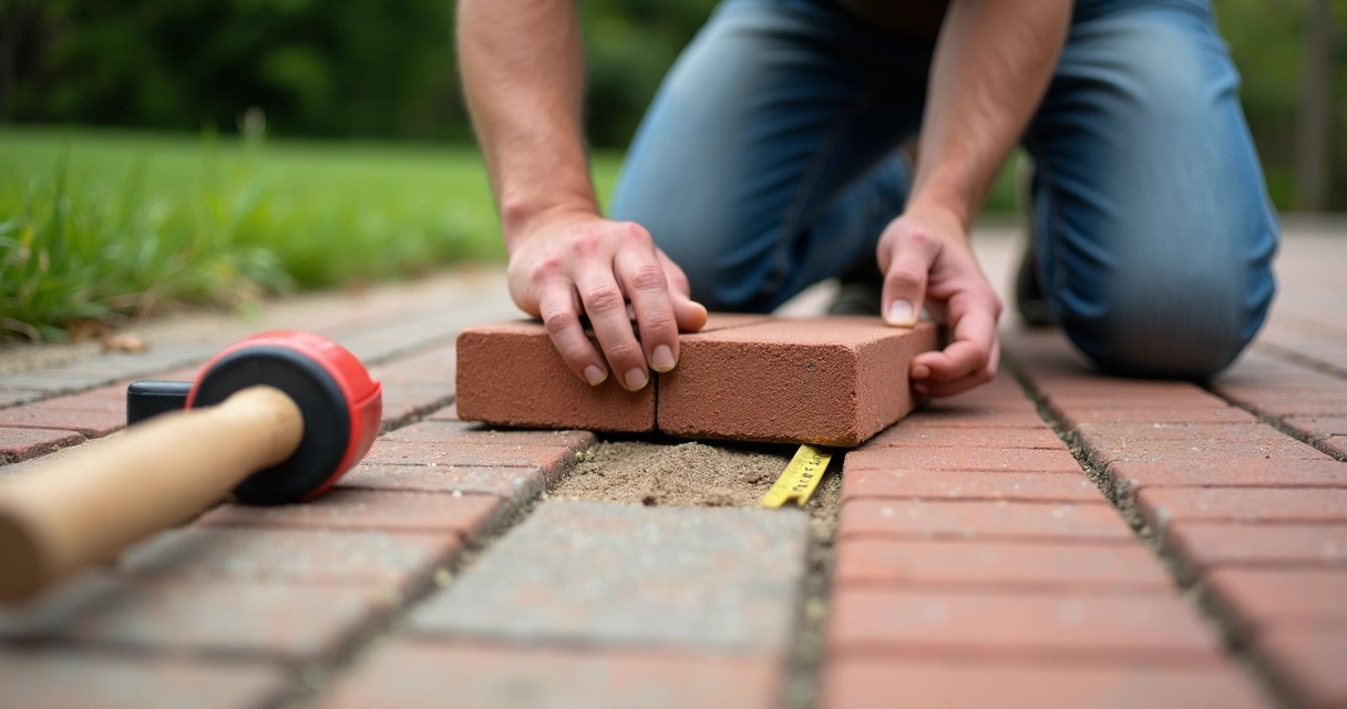 Worker installing brick pavers with visible expansion gaps 
