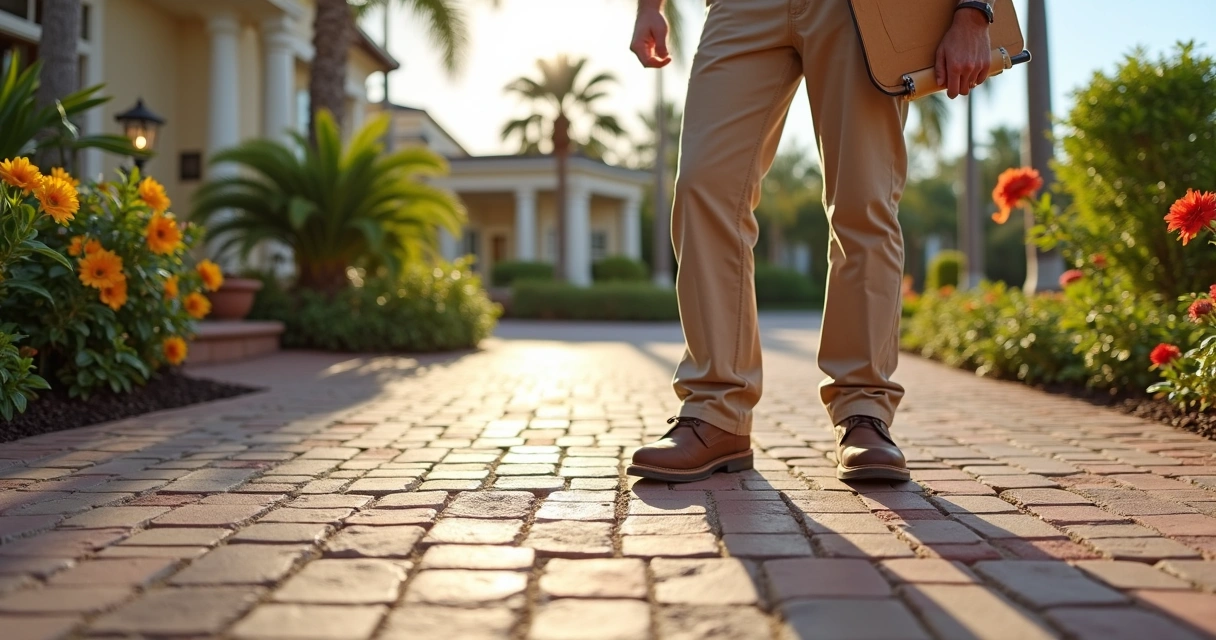 Technician inspecting brick paver patio in Central Florida