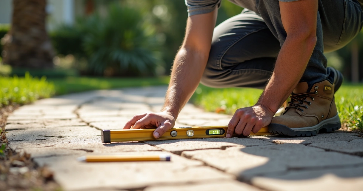 Inspector checking level surface of outdoor paver walkway in daylight in Orlando